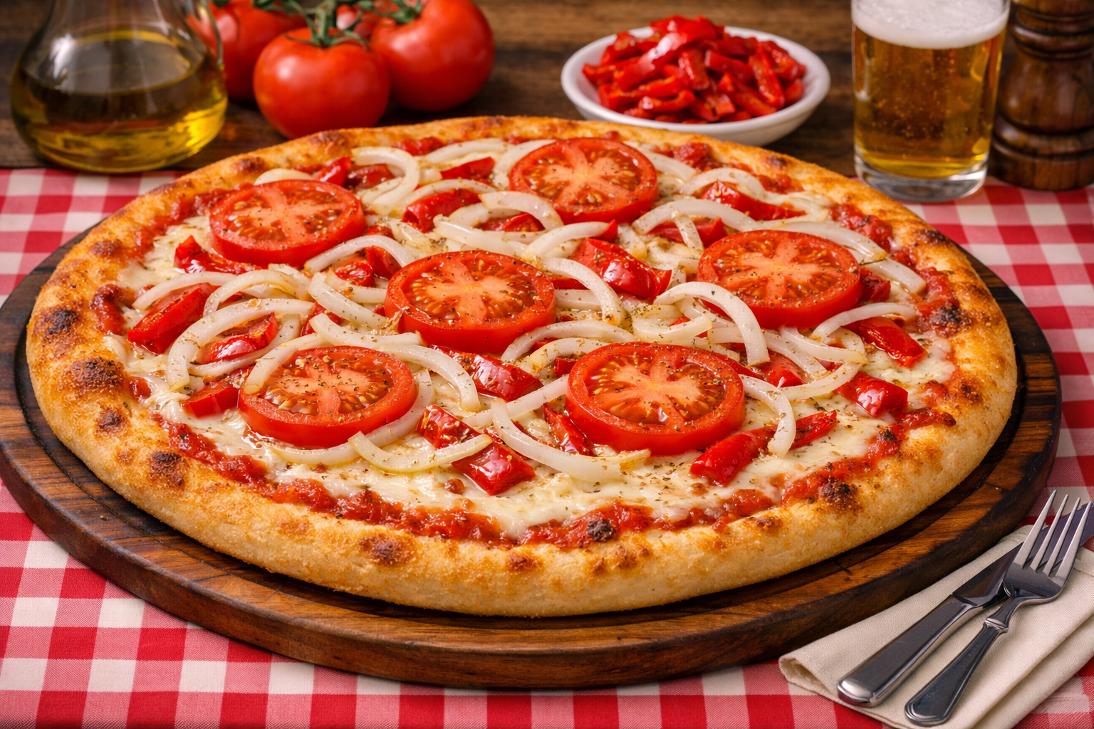 pizza artesanal argentina con mozzarella tomate morrones rojos y cebolla